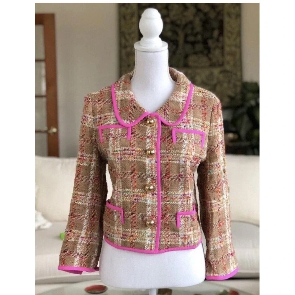 Kate Spade New York Brown Pink Plaid Tweed Silk Blend Cropped Jacket Size 4